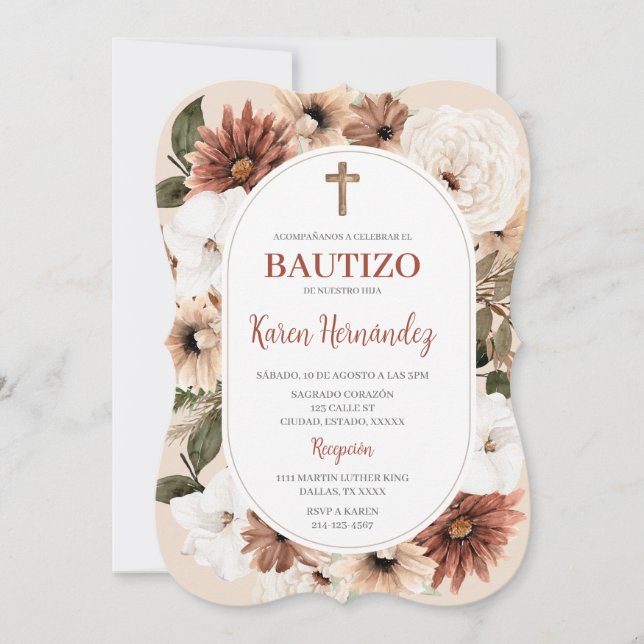Boho Bautismo Floral Invitación española (Anverso)