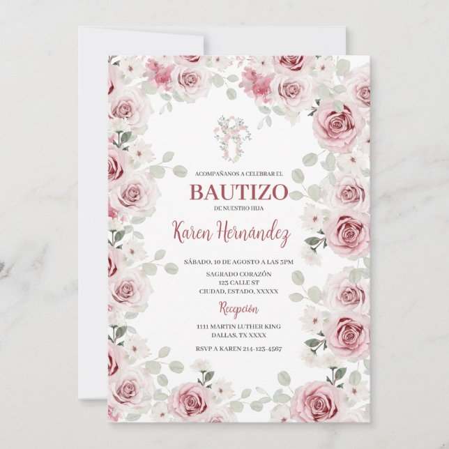 Boho Bautismo Floral Invitación española (Anverso)