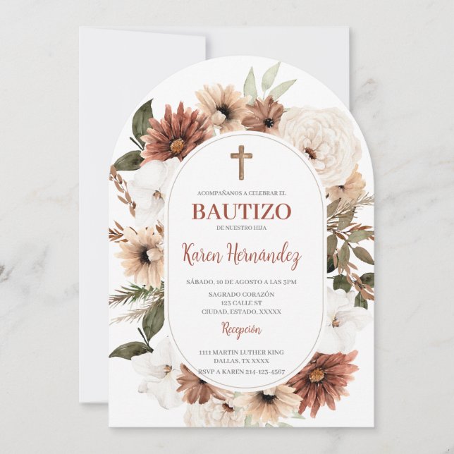 Boho Bautismo Floral Invitación española (Anverso)