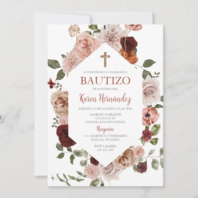 Boho Bautismo Floral Invitación española (Anverso)
