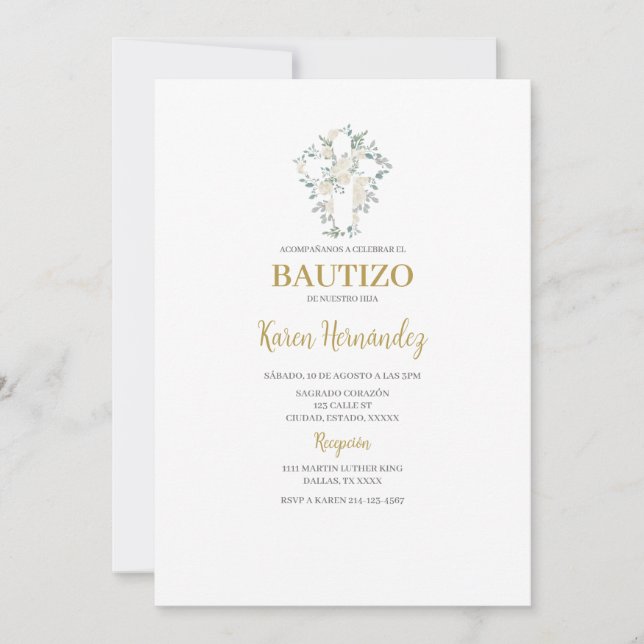 Boho Bautismo Floral Invitación española (Anverso)