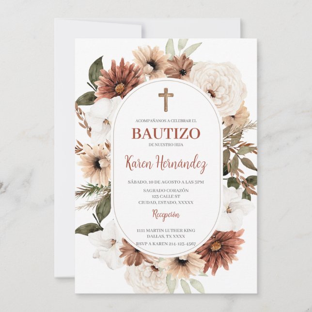 Boho Bautismo Floral Invitación española (Anverso)