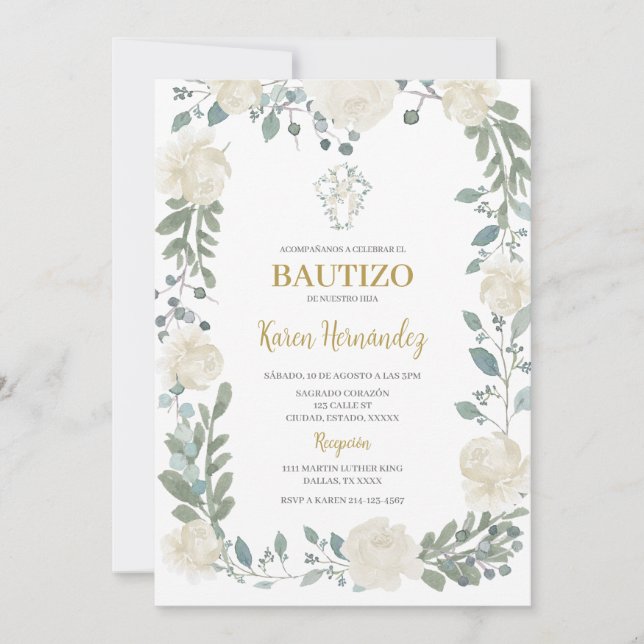 Boho Bautismo Floral Invitación española (Anverso)