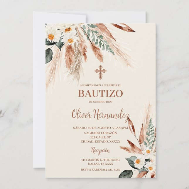 Boho Bautismo Invitación española (Anverso)