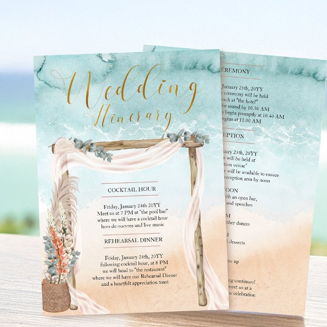 Boho Beach Arbour Ocean Boda Tarjeta Itineraria (Beach Wedding Itinerary Program Card from the Boho Beach collection by Darling & May)