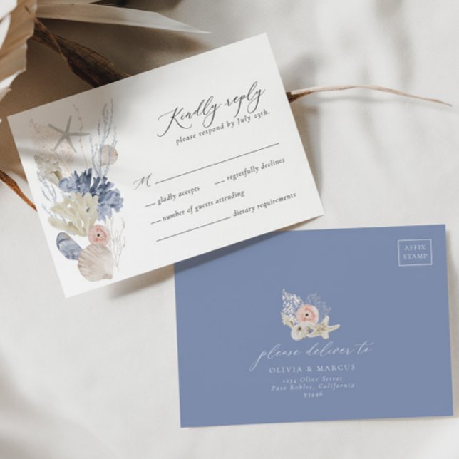 Boho Beach Elegant Romantic Blue Wedding Tarjeta R (RSVP Card Front/Back)