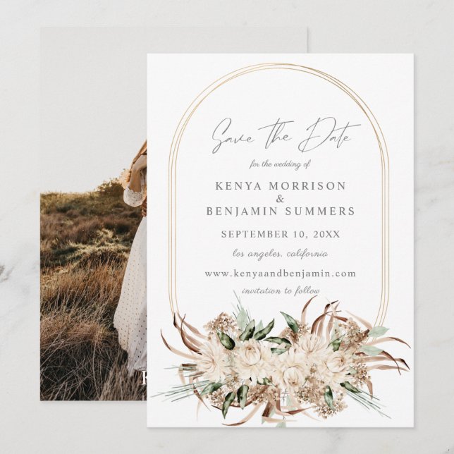 Boho Beige Floral Salven la invitación a la foto d (Anverso / Reverso)