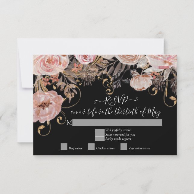 Boho Black Floral Rosa Rosa Oro RSVP Personalizado (Anverso)