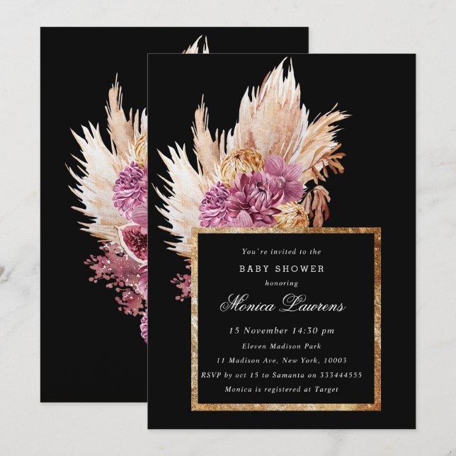 Boho Black, Gold Floral Bridal Shower Invitación (Anverso / Reverso)