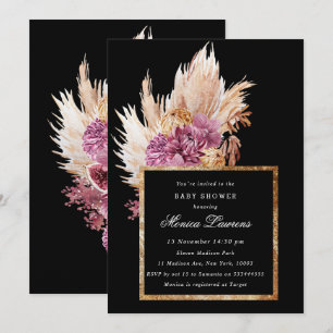 Boho Black, Gold Floral Bridal Shower Invitación