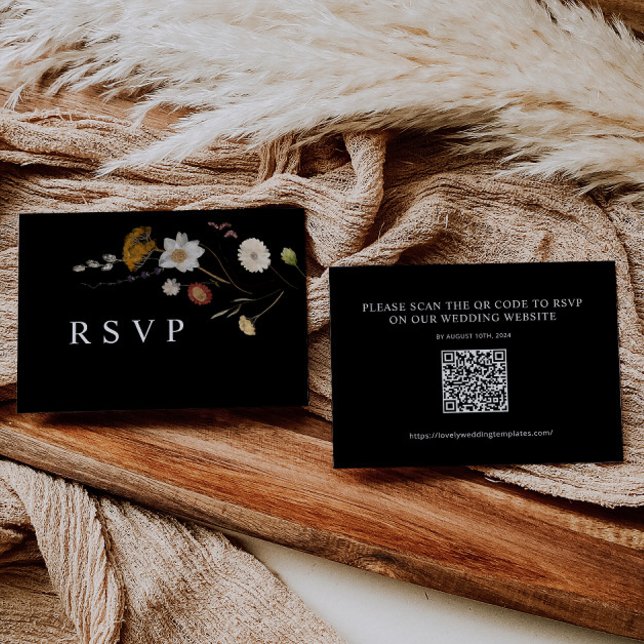 Boho Black Wildflower Wedding RSVP Tarjeta de códi (Subido por el creador)