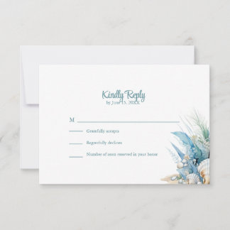 Boho Blue Floral Beach and Shell Wedding RSVP Card
