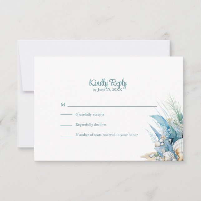 Boho Blue Floral Beach and Shell Wedding RSVP Card (Anverso)