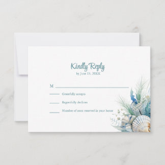 Boho Blue Floral Beach and Shell Wedding RSVP Card