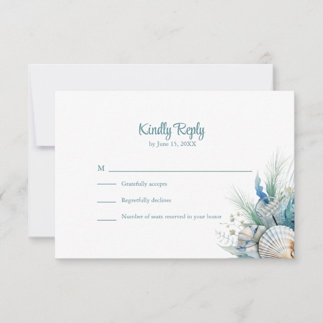 Boho Blue Floral Beach and Shell Wedding RSVP Card (Anverso)