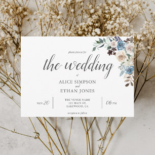 Boho Blue Flowers Dried Leaves Invitación a la bod