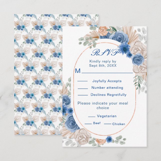 Boho Blue Pampas Boda Grass Wedding RSVP (Anverso / Reverso)
