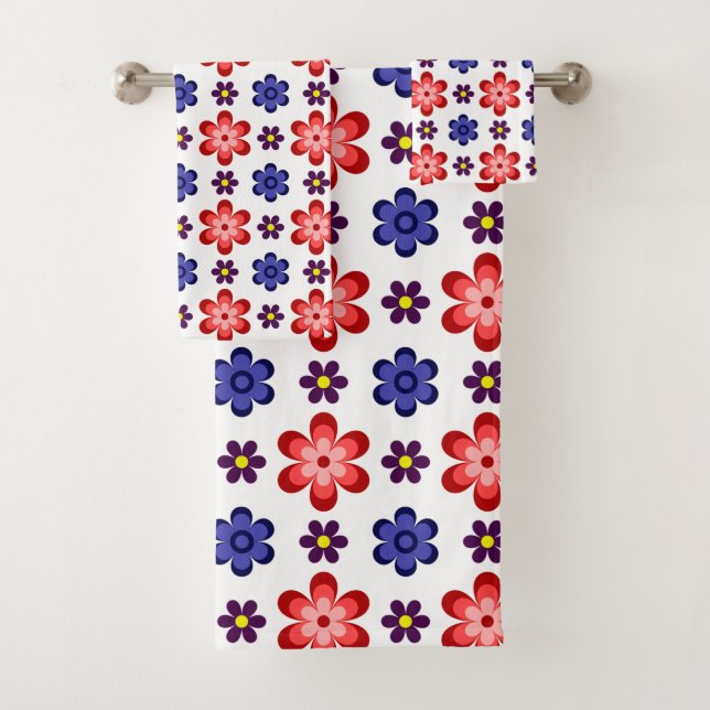 Boho Blue Purple Red Flowers Bath Towel Set (In situ)