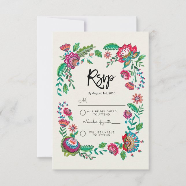 Boho Blue Stripe Folk Flowers | Rsvp Responder Bod (Anverso)