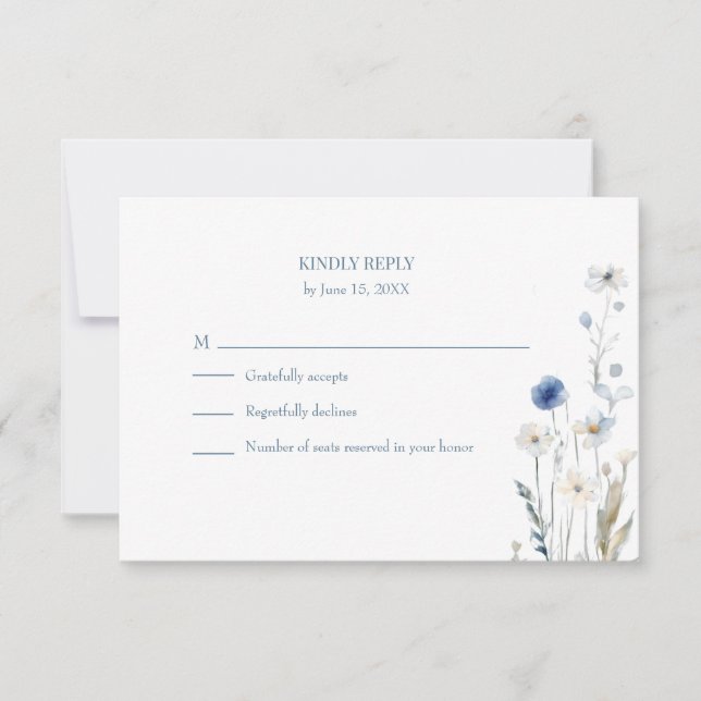 Boho Blue Watercolor Wildflowers Wedding RSVP Card (Anverso)