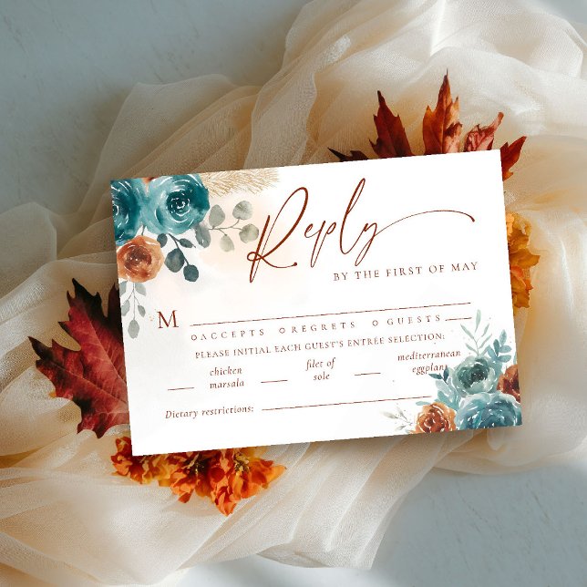Boho Boal Wedding Naranja Quemado Verde azulado RS (fall in love wedding reply rsvp meal teal burnt orange terracotta watercolor floral botanical earthy)