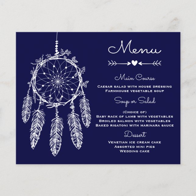Boho Boda Menú Navy Blue Dream Catcher (Anverso)