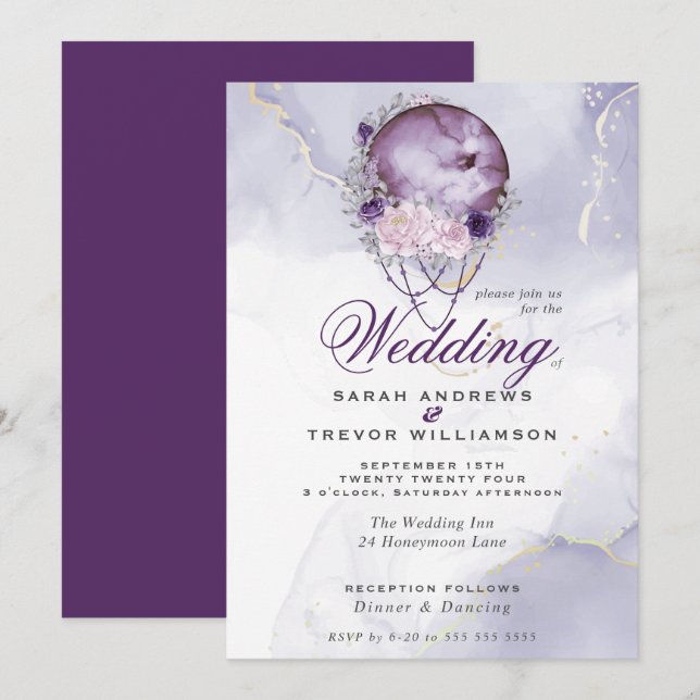 Boho Boda Plum Purple Full Moon Invitación (Anverso / Reverso)