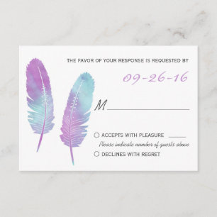 Boho Bohemian Feather Purple and Blue Wedding RSVP