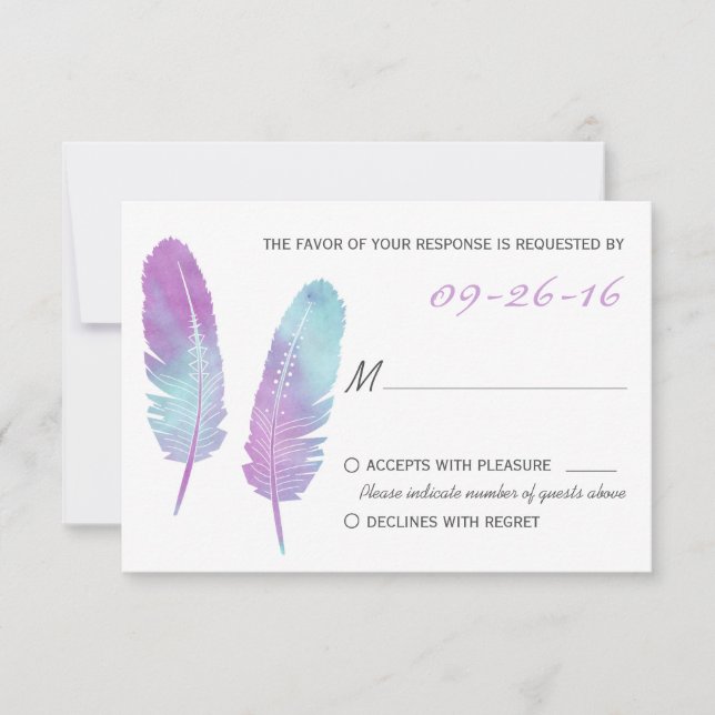Boho Bohemian Feather Purple and Blue Wedding RSVP (Anverso)