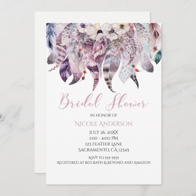 Boho Bohemian Feathers Invitaciones a duchas de no (Anverso / Reverso)