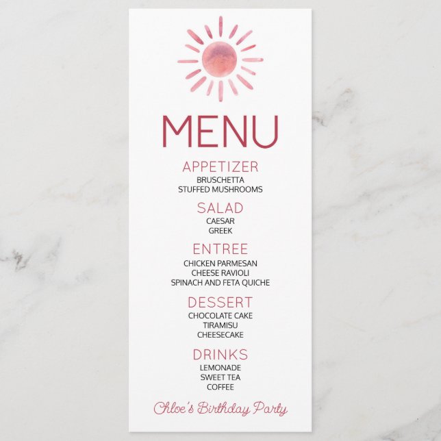 Boho Bohemian Pink Sun Birday Party Food Menu (Anverso)