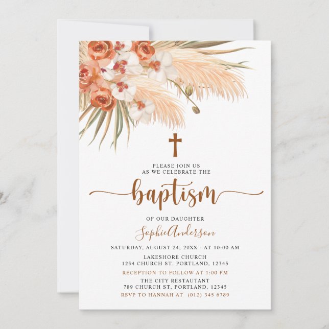 Boho bohemio Pampas Invitación al bautismo de hier (Anverso)