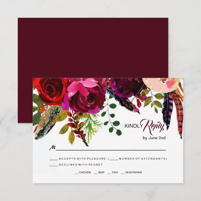 Boho Bold Burgundy Floral Wedding RSVP (Anverso / Reverso)