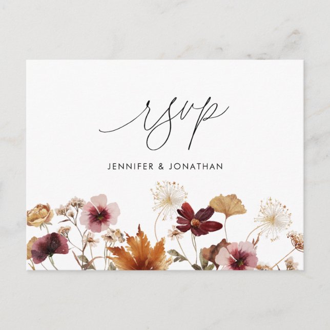 Boho Borgoña Fall Floral Wedding RSVP Tarjeta post (Anverso)