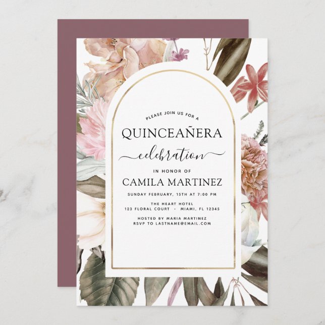 Boho Borgoña Quinceañera Dusty Invitación Floral R (Anverso / Reverso)