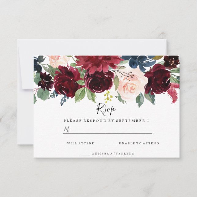 Boho Borgoña Watercolor Boda Floral Boda RSVP (Anverso)