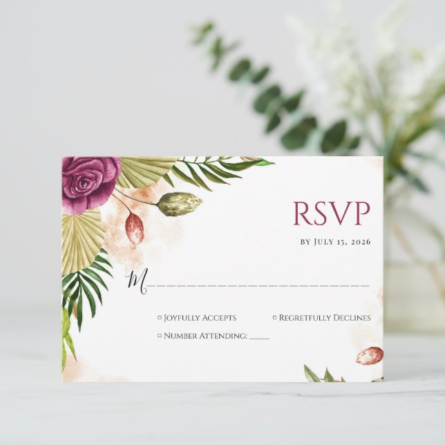 Boho Botanical Elegance Wedding RSVP Card (Anverso de pie)