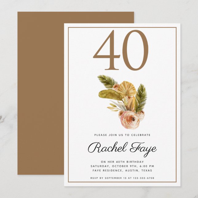 Boho Bouquet 40ª invitación a la fiesta de cumplea (Anverso / Reverso)