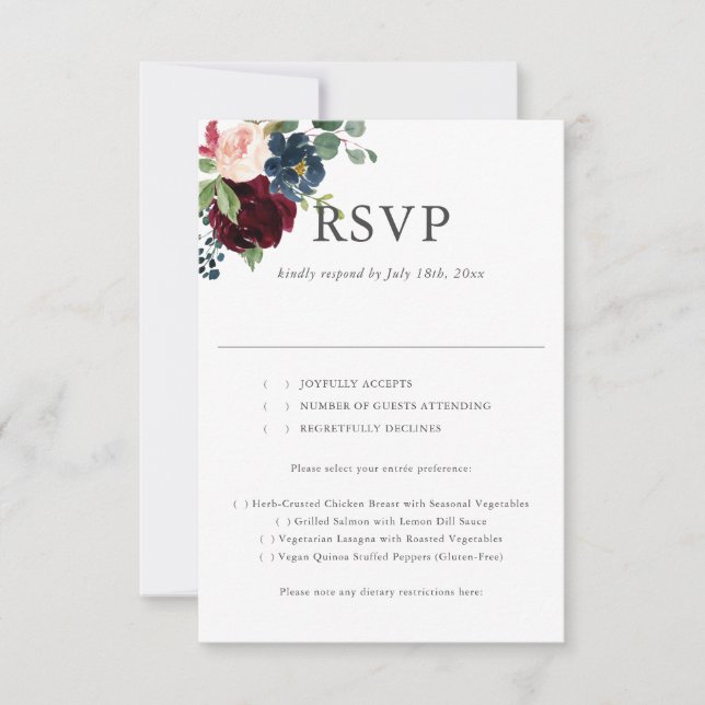 Boho Burgundy Blue Flowers Wedding RSVP (Anverso)