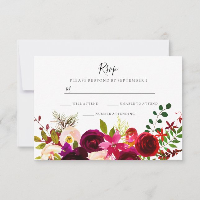 Boho Burgundy Flores Primavera Boda Otoño RSVP (Anverso)