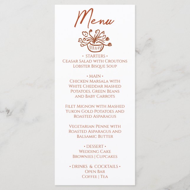 Boho Burnt Orange Hand Drawn Floral Wedding Menu (Anverso)