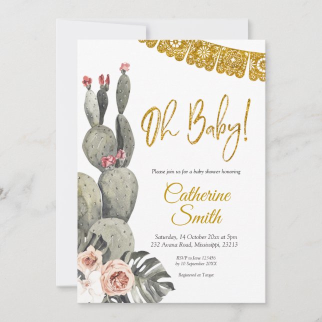 Boho Cactus Oh Baby Baby Shower Invitación (Anverso)