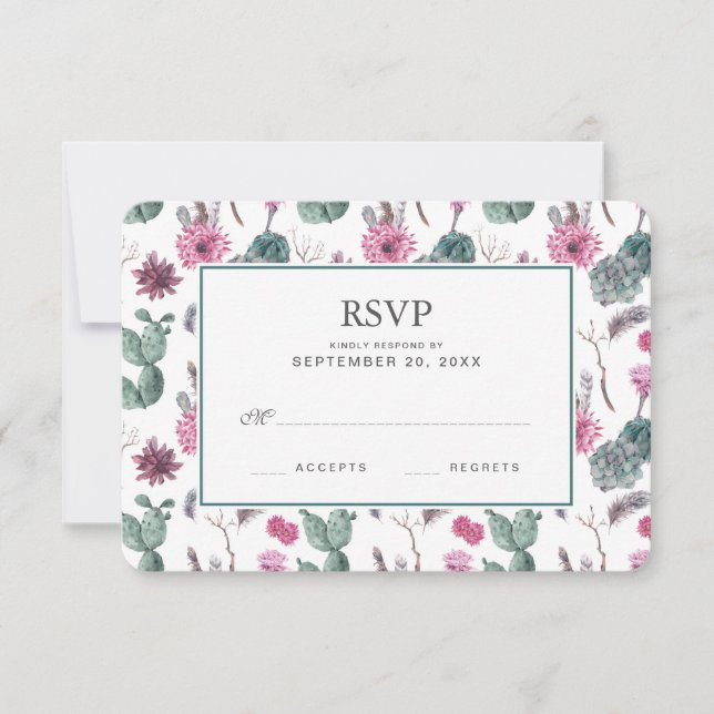 Boho Cactus, Succulent & Floral - Boda RSVP (Anverso)