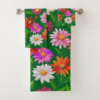 Boho Chic Multicolor Flowers with Leaves on Green