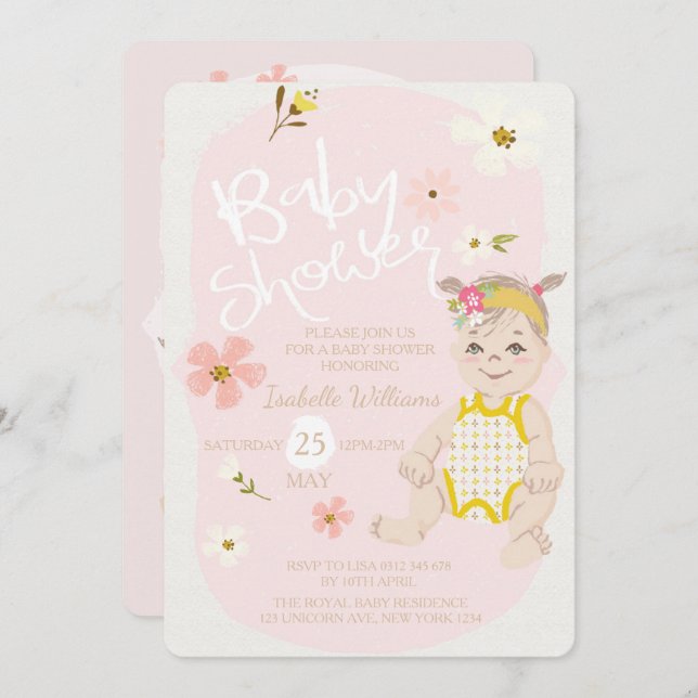 Boho Chica Floral Invitación Baby Shower rosa (Anverso / Reverso)