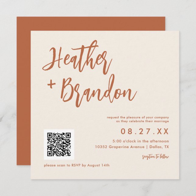 Boho Código QR Boda Invitación cuadrada (Anverso / Reverso)