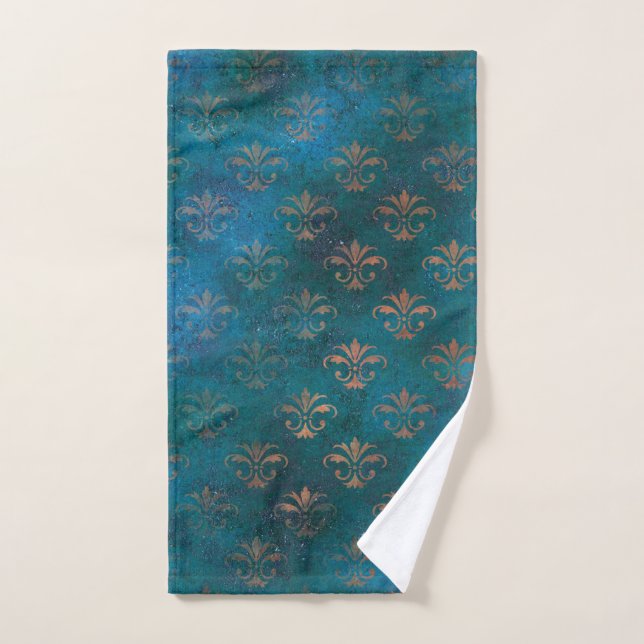 Boho Copper Blue Grunge Heraldic Floral (Toalla de mano)