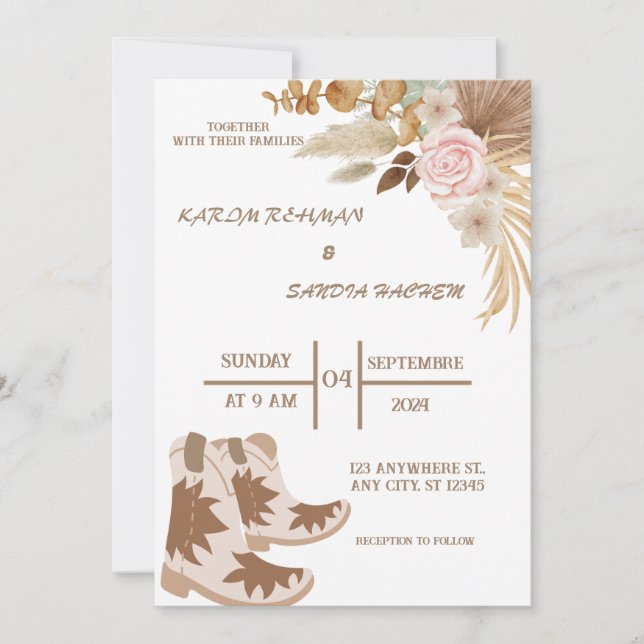 Boho Cowboy bota la invitación a la boda occidenta (Anverso)