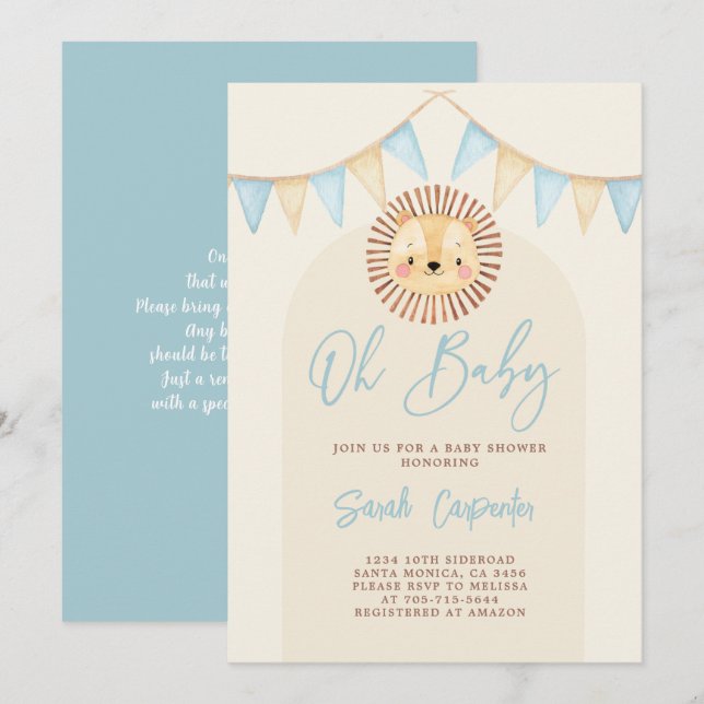 Boho Cute Lion Invitación de un chico de Baby Show (Anverso / Reverso)