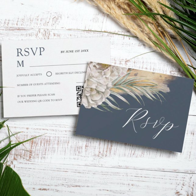 Boho Dark Blue Watercolor Floral RSVP (Subido por el creador)